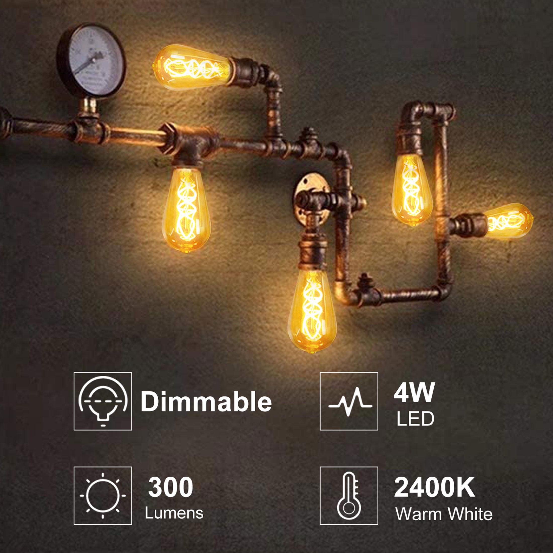 Edison Light Bulbs Dimmable 4W(40W Equivalent) - Warm White 2400K LED Vintage Light Bulbs,E26 Base,300LM, Antique Filament Amber Light Bulbs for Home,Cafe,Bar,Bedroom,6-Pack