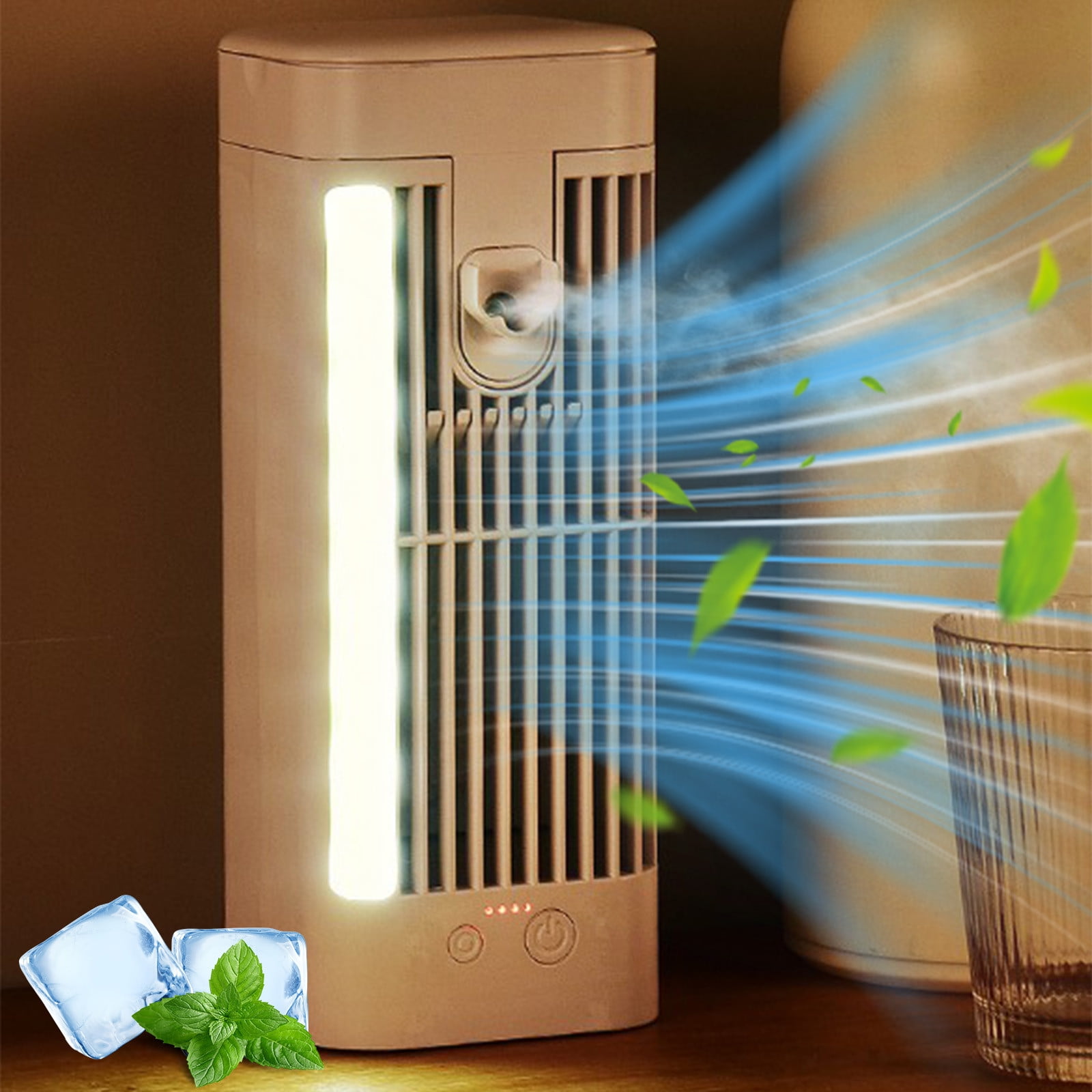 Kingfansion Portable USB Air Cooler With Ice Compartment, 3-Speed Desktop Fan & Night Light, 1200mAh Battery Cooling Fan For Bedroom Office, Compact Misting Conditioner Fan