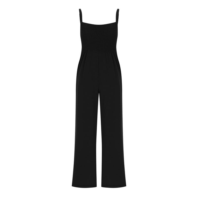 オールインワン・サロペット Strappy Wide Leg Jumpsuit Women Casual 1 Piece Jumpsuit Summer Smocked Top Adjustable