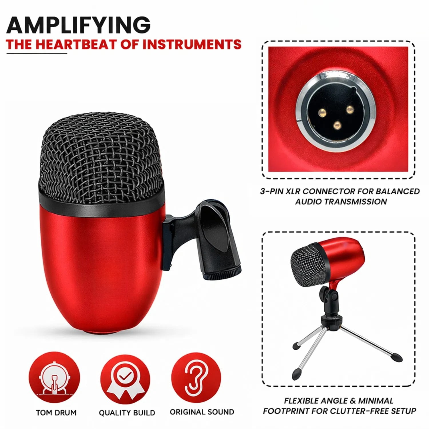 Bass Microphone, Portable Microphone, Clip-on Microphone, with Desktop Stand and XLR Interface, Suitable for Recording Studios and Concerts