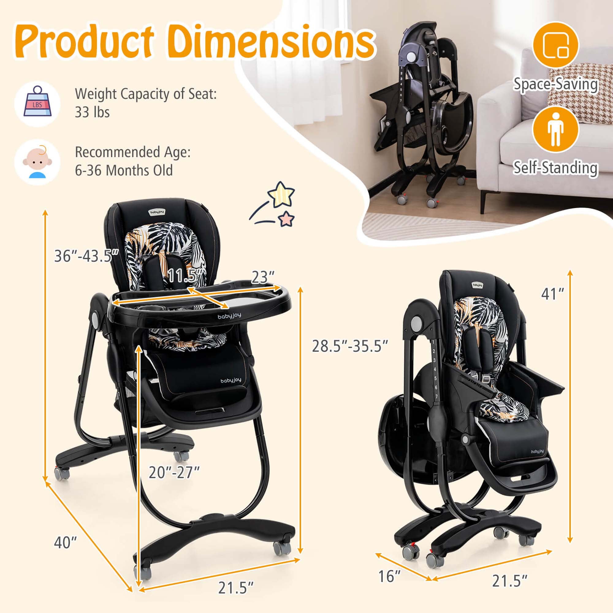 Costway High Chair for Babies & Toddlers with Rolling Wheels Adjustable Height Footrest Black