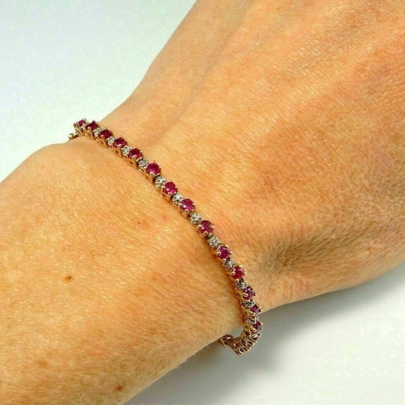 14K Yellow Gold Plated 5.00 Ct Round Cut Simulated Red Ruby & Diamond Tennis Bracelet 3mm 7 IN