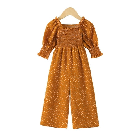 

Mikrdoo 4T Toddler Baby Girls Clothes Bubble Sleeve Wave Point Print Playsuits Smocking One Piece Summer Elegant Jumpsuits 4-5 Years Yellow