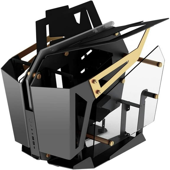 FSP Open Frame Gaming Streaming Case EATX/ATX/Mini- ITX, Dual-System, with 2 Tempered Glass Panels, Aluminum Case, ARGB Center Light Bar (CMT710 T-Wings Gold)