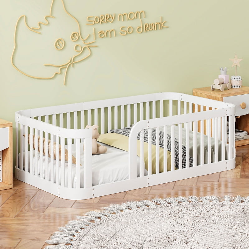 Duxelifin Twin Size Floor Bed with High Rails for Kids, Solid Wood Floor Bed Montessori Frame, No-Slat Design, Modern Toddler Floor Bed for Boys Girls (White)