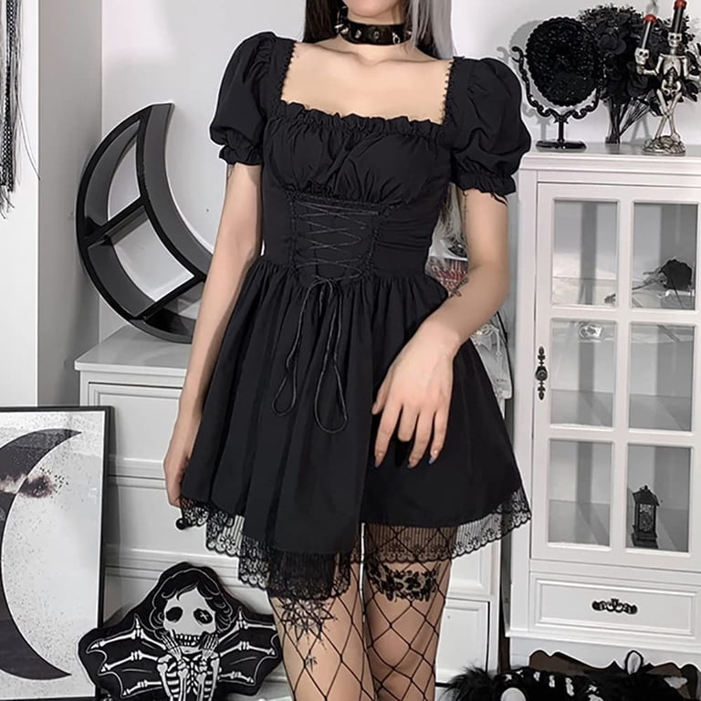 black corset skater dress VBEWZET Women Gothic Mini Dress, Square Neck Puff Sleeve Lace Flowy L Size:M-US 8 Pair with strappy heels 4/30/24 Throwback 90s Themed Dresses