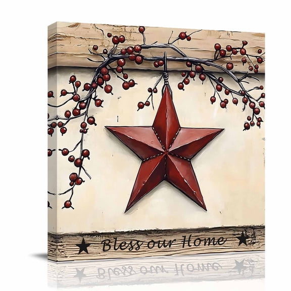 Canvas Wall Art, Red Texas Star Rustic Framed Canvas Prints for Bedroom Office, Country Star Berries Wooden Large Gallery Wrapped Wall Decor for Home Office, Gifts, 16"x16" Ship Next Day