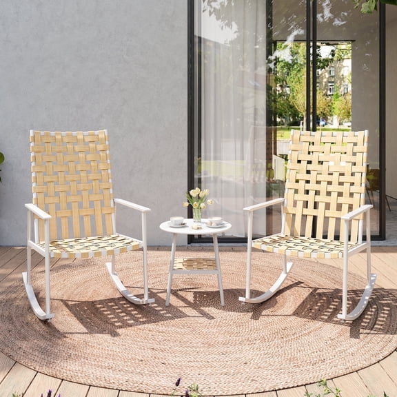 LAUSAINT HOME 3-Piece Outdoor Patio Furniture Set, 2 Wicker Rocking Chairs with Side Table, Beige