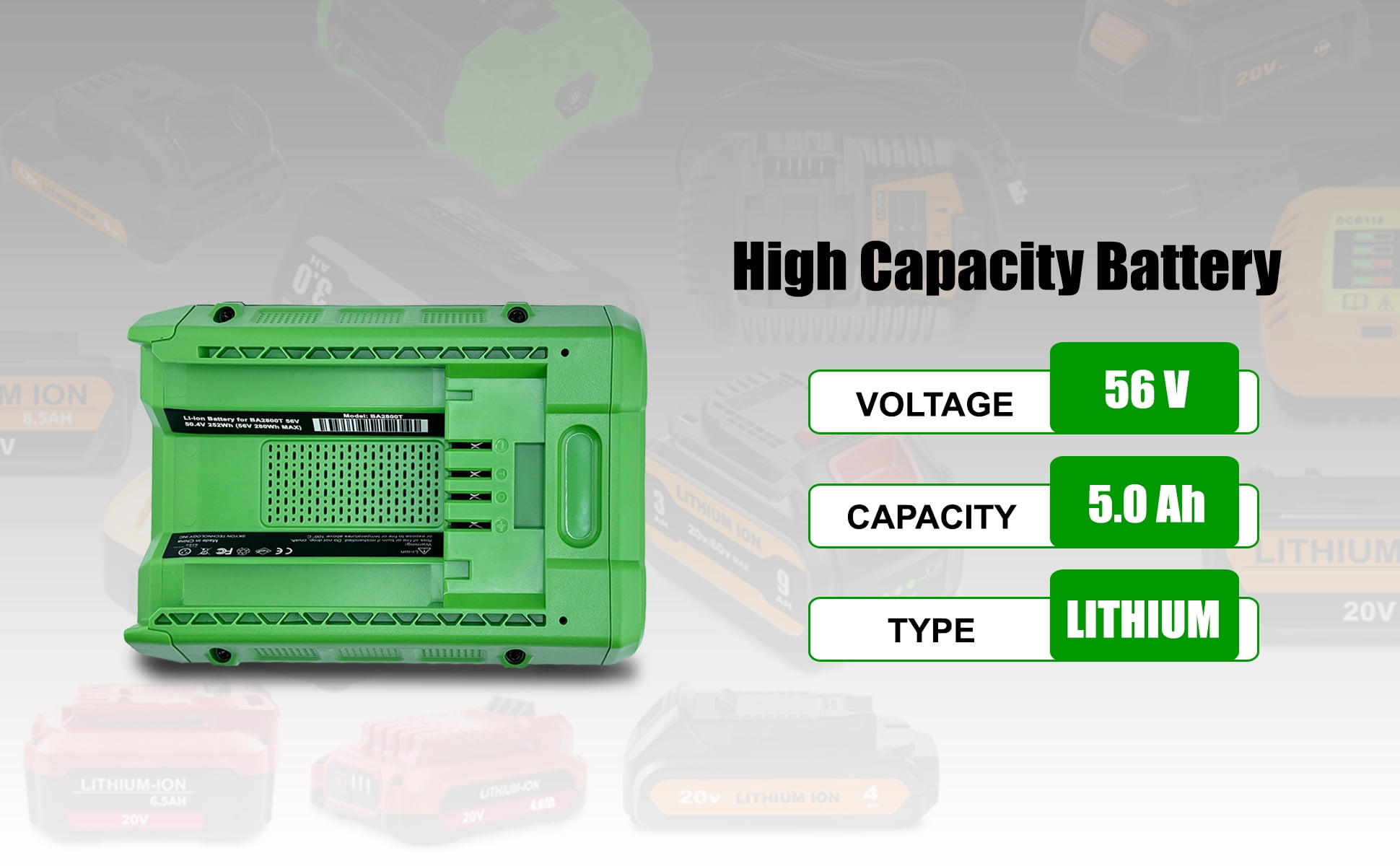 BA2800T 56V 5.5Ah Battery Replacement for 56-Volts Lithium-Ion Battery Pack Compatible with EGO Tools 56V 5.0Ah BA2800 BA2800T 2.5Ah BA1400T BA2240 BA1120 Battery Green