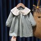 thumbnail image 1 of Ropa de primavera y verano para niñas, vestidos bonitos para niños, niñas pequeñas, vestido de cuello de solapa de lino y algodón a cuadros, falda de manga larga 100(2T) Gao Jinjia LED, 1 of 2