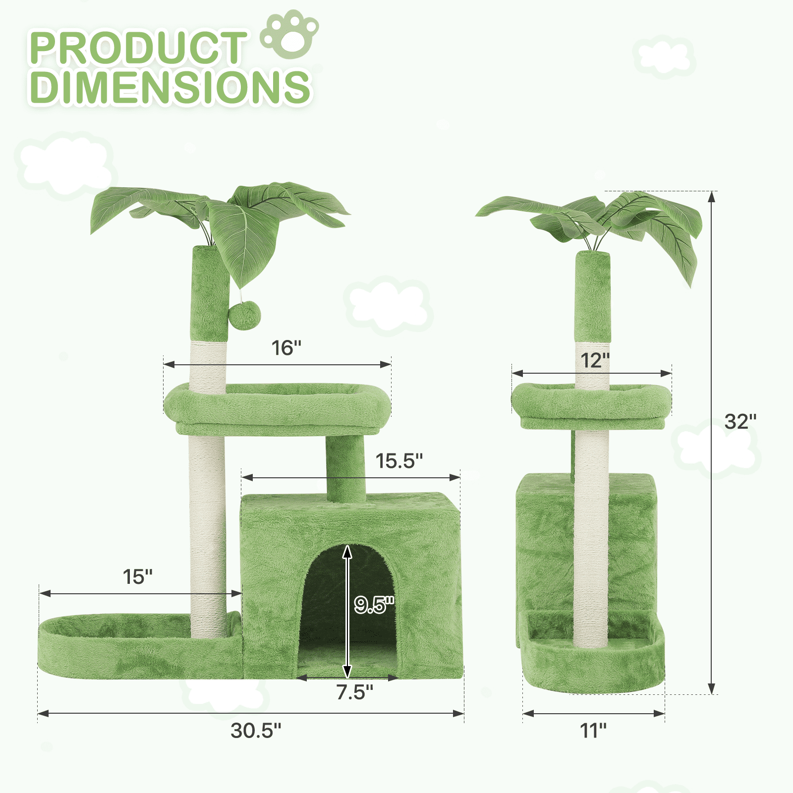 MoNiBloom 32" Cat Tree Tower with Leaf Design, Scratching Posts, Perch, Cat Cave and Hanging Ball for Indoor Cats, Lawn Green