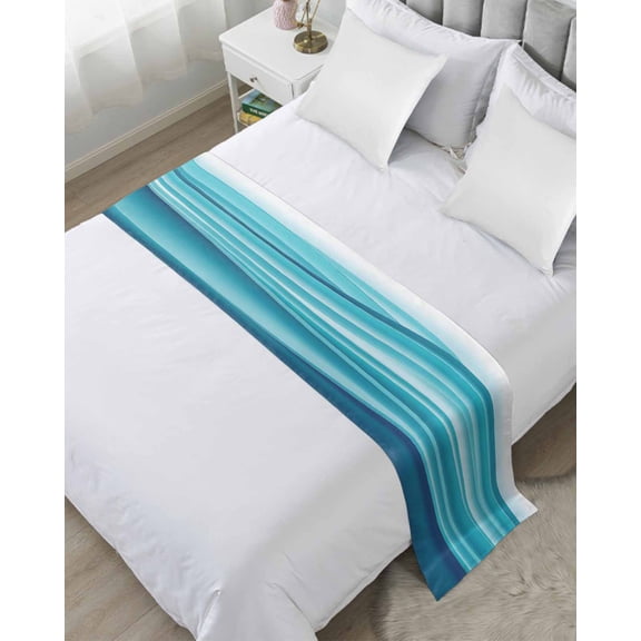 Bed Runner Scarf Queen Size, Turquoise Striped Stain Bed Runners & Scarves for Foot of Beds, Modern Abstract Art Wave Moire Gradient Decorative Bedding Runner Scarf for Hotel Home Bedroom