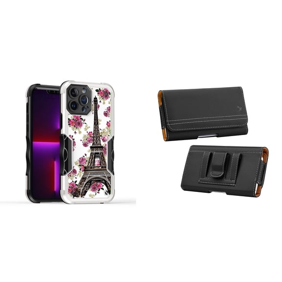 Case and Pouch Bundle for iPhone 14: Heavy Duty Armor Rugged Case (Eiffel Tower Flowers) and PU Leather Magnetic Belt Holster