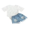 thumbnail image 1 of Baby Girls White Lace Romper Top Ripped Denim Shorts Pants Spring Summer Outfit, 1 of 6