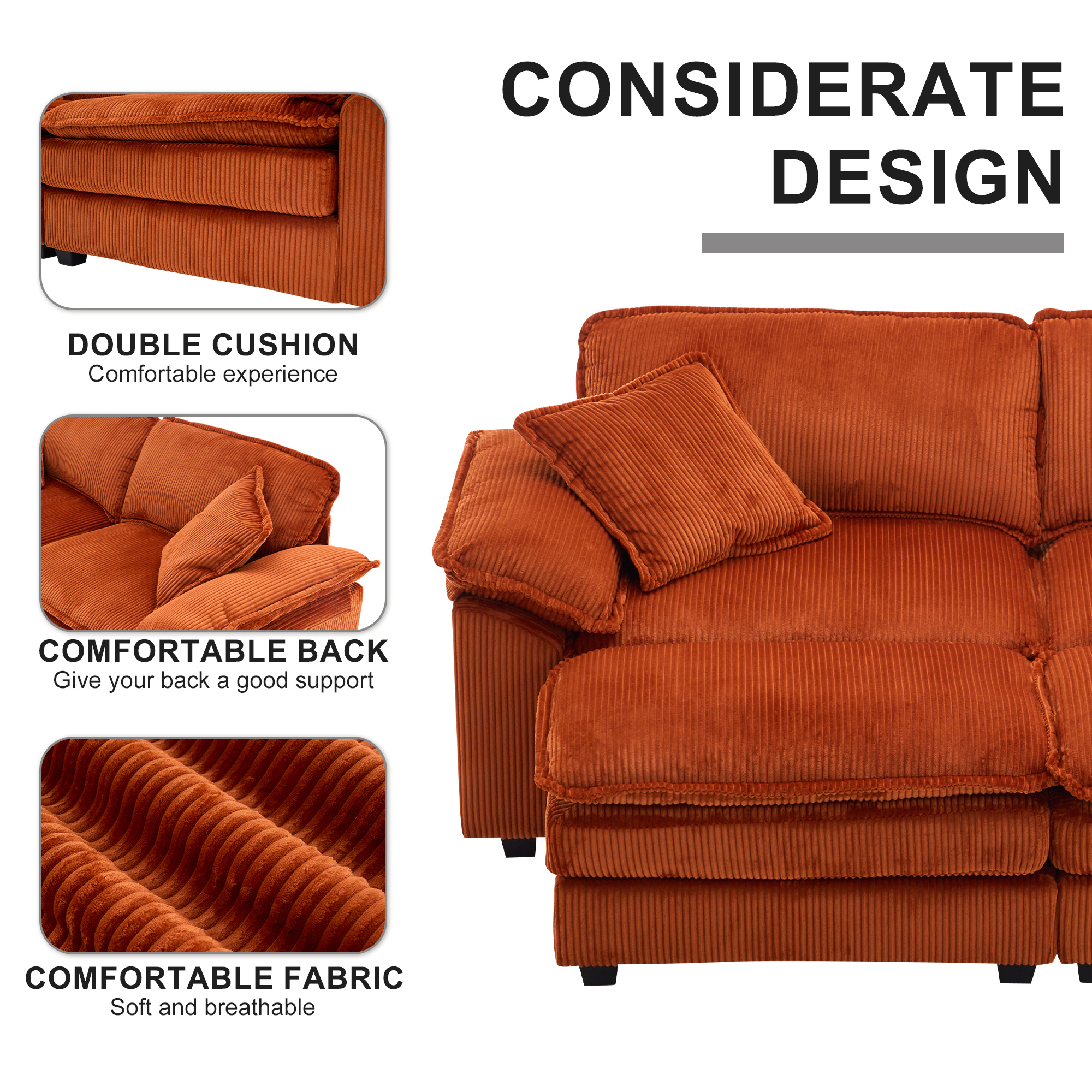 Aukfa Modular Sectional Couch Deep Seat Loveseat Sofa with 2 Ottoman for Living Room, 6 Pillows, Corduroy, Orange
