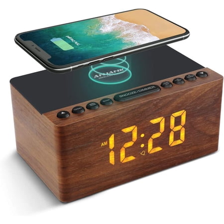 Wooden Digital LED Alarm Clock FM Radio, Fast Wireless Charger Station for iPhone/ Galaxy, 5 Level Dimmer, USB Charging Port, 9 Sounds, Sleep Timer Bedroom, Bedside, Desk
