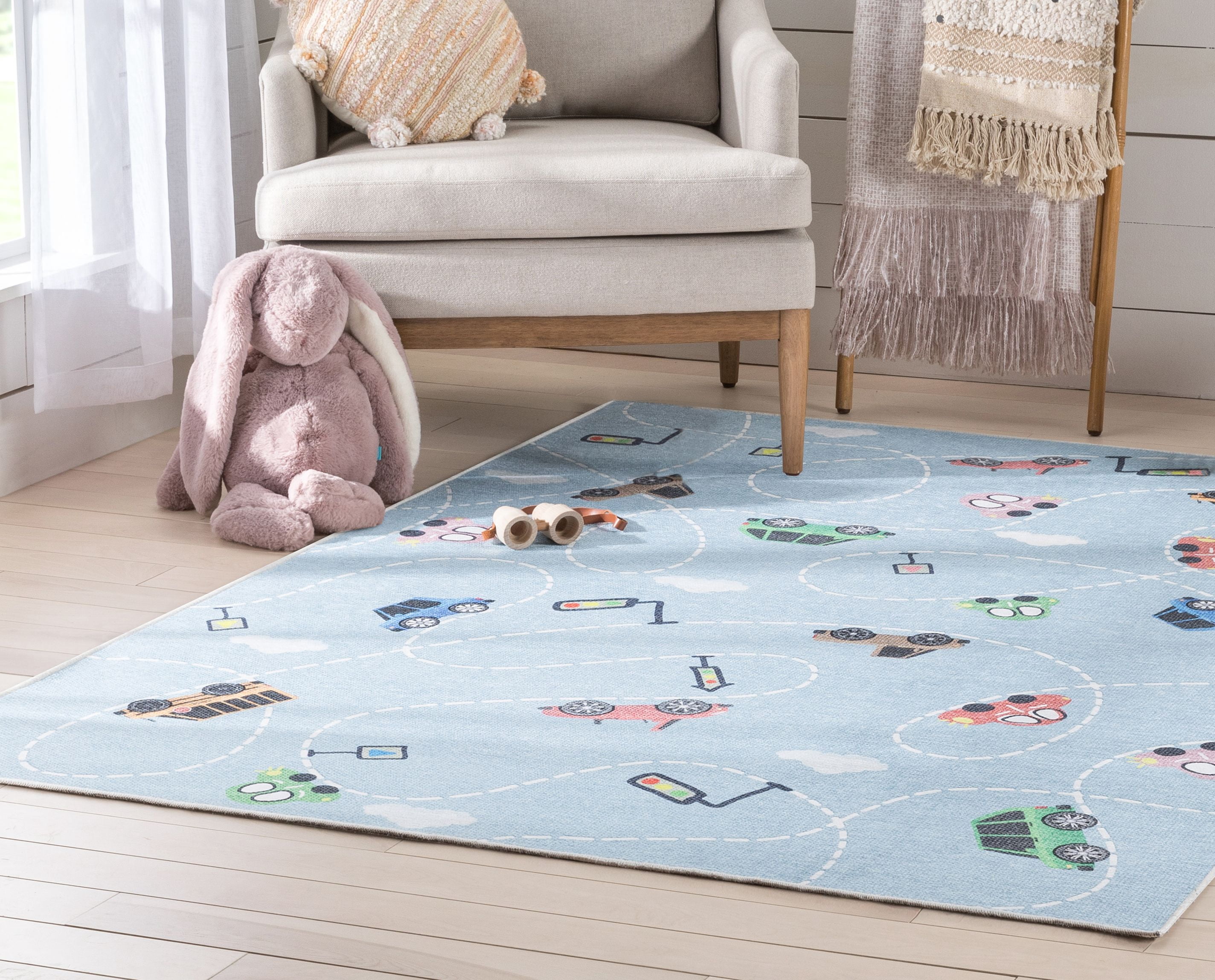 Well Woven Kids Rugs Traffic Modern Blue Printed Distressed Machine Washable 3'3" x 5' Area Rug