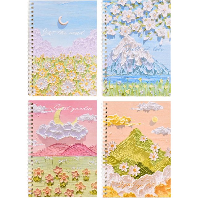 xianyou-Aesthetic Spiral Notebook Set of 4, College Ruled A5 Size Cute Spiral Notebook With 3D Painting, Spiral Notebook Ruled Lined Journal Notebook Bulk, 60 Sheets/120 Pages Spiral Bound Notebook (