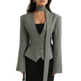 thumbnail image 3 of Blazer de Larga con Cuello en V para Mujer, Estilo Blazer, Ideal para el Trabajo o para Ocasiones Formales e Informales. Corte Ajustado y Cinturón. Gris M, 3 of 10