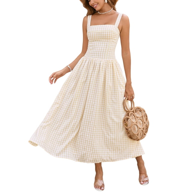 Vestido midi XinFsh 2025, verano, bohemio, a cuadros, cuello cuadrado, amarillo