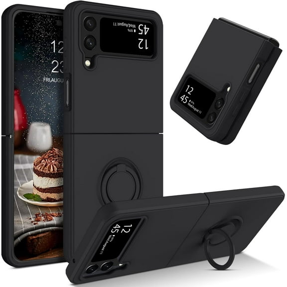 Design for Samsung Galaxy Z Flip 4 5G Case Liquid Silicone Soft Gel Rubber Slim Cover Cases with Ring Holder Kickstand Shockproof Phone Case for Samsung Z Flip 4 5G 6.7", Black
