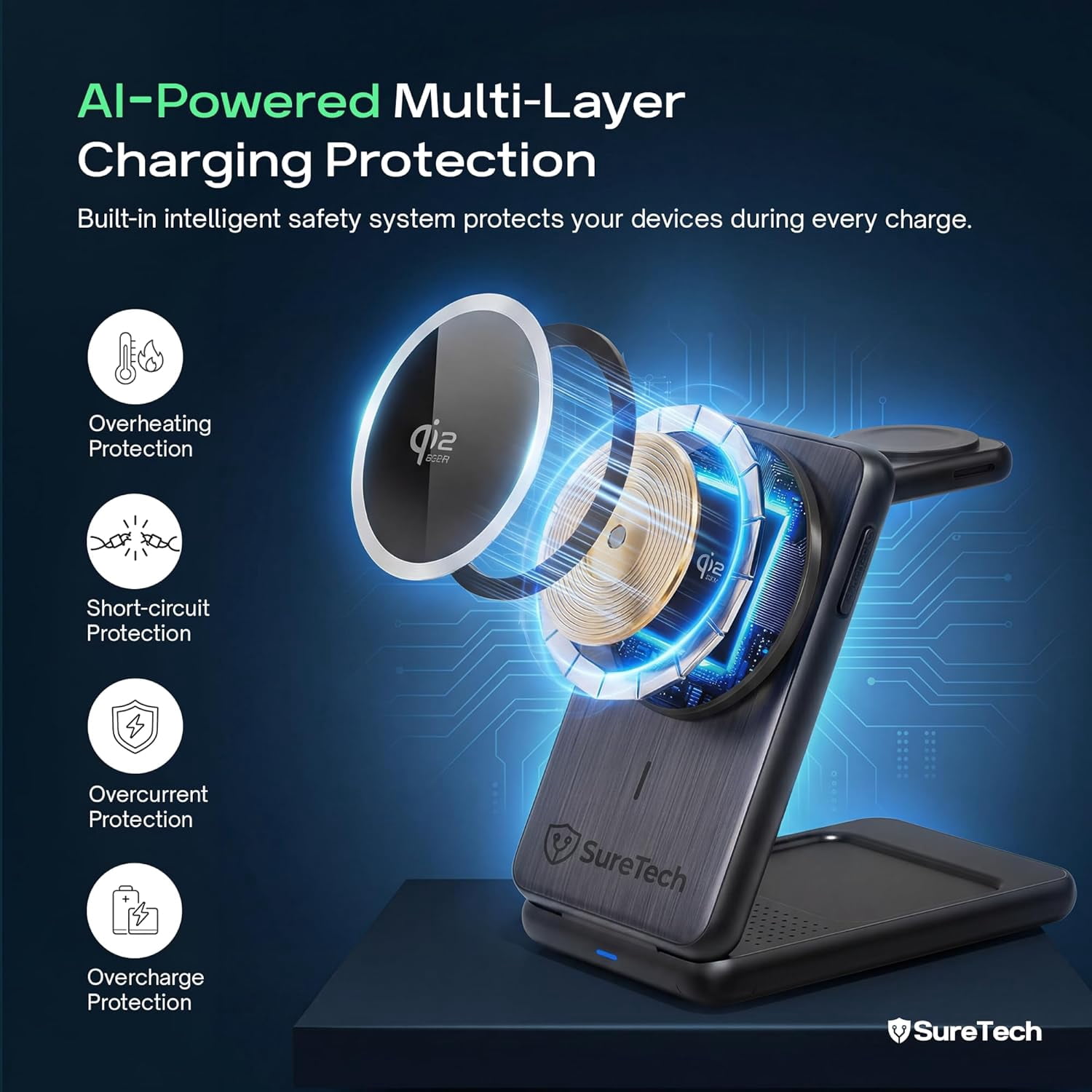 SureTech Qi2.2 Certified 3-in-1 Foldable Wireless Charging Station for Apple Devices with 65W Adapter, 25W Fast Charging Dock, Portable Magnetic Charger for iPhone 17-13, Apple Watch Series & AirPods