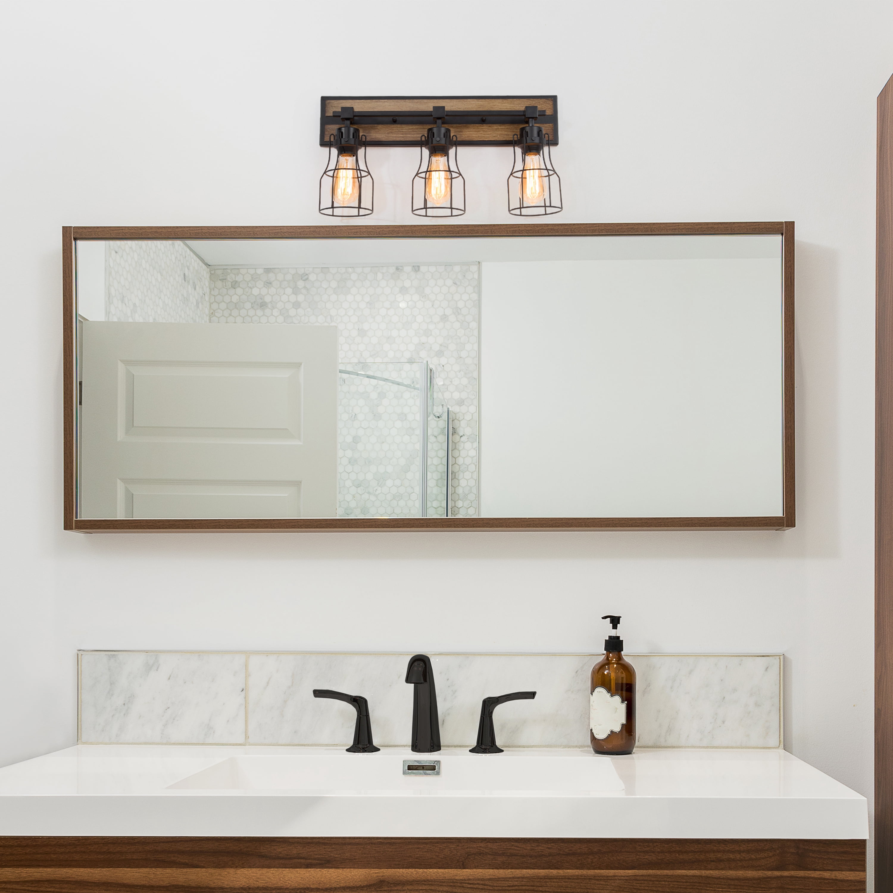 LNC 3-Light Black Geometric Modern Farmhouse Wood Tone Bathroom Vanity Lighting Fixutre