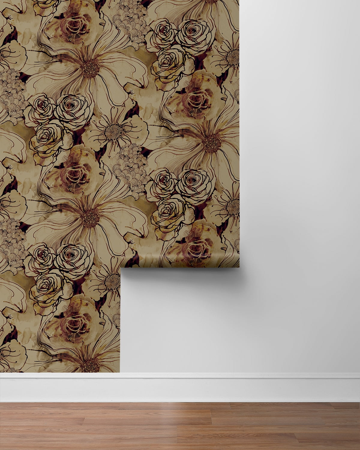Harry & Grace Metallic Bronze & Wine Ink Rose Peel and Stick Wallpaper - 20.5 in. W x 18 ft. L Roll