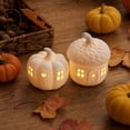 thumbnail image 4 of QLUEWX 2PCS White Resin Pumpkin & Acorn House LED Night Light, Hollow Carved Mini Cottage Lamp, Warm Glow Tabletop Ornament for Fall Harvest Halloween Bedroom Mantel Window Farmhouse Home Decor, 4 of 9