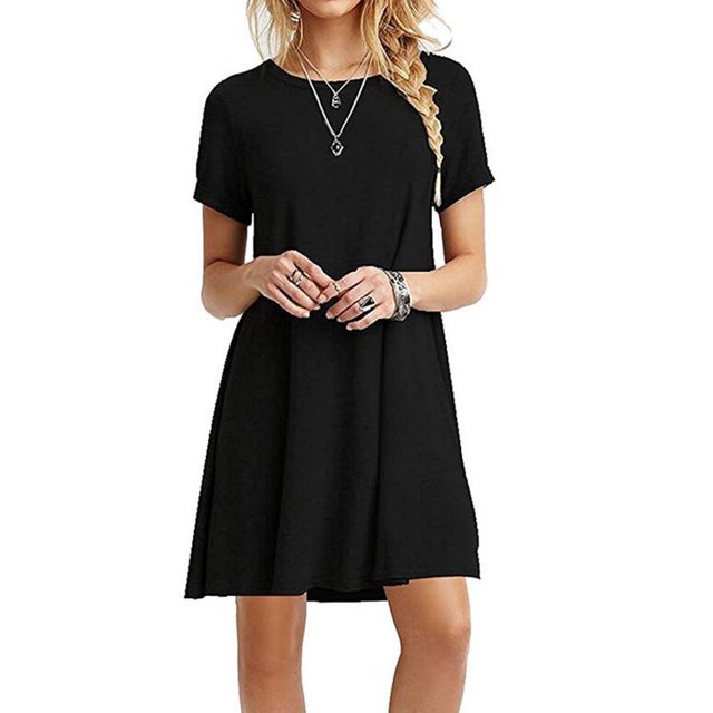 Nouvelle Couleur Unie Manches Courtes Midi Robe Décontractée Simple T-Shirt en Vrac Robe de Femmes