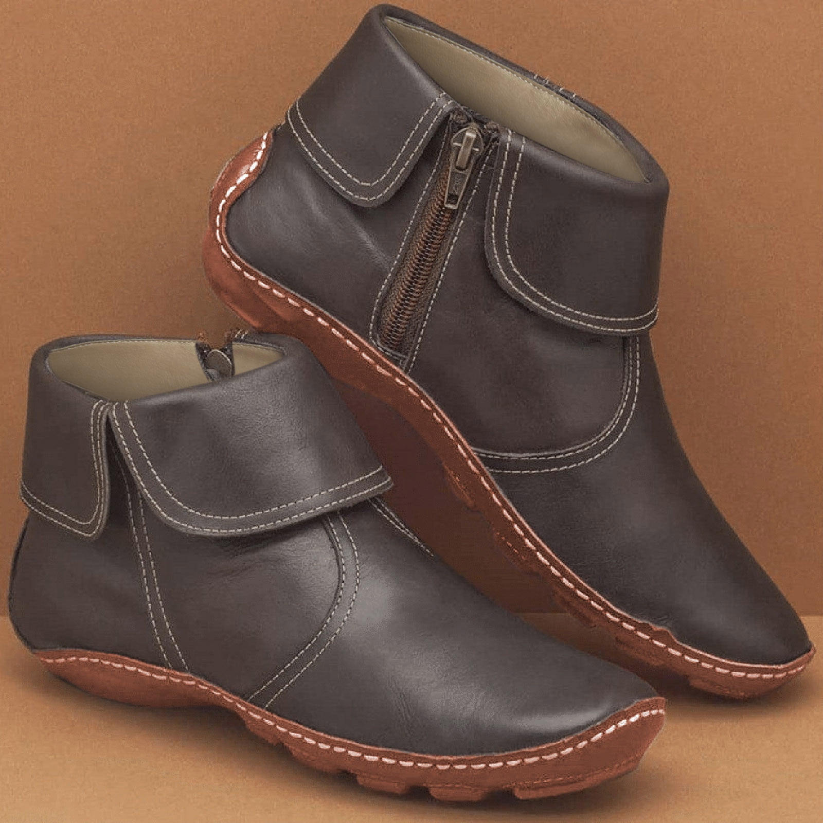 KDFJPTH Rain Boots for Women Size 10 Up Flat Round Pleated Women's Vintage Boots Winter Toe Fashion Zip women's boots