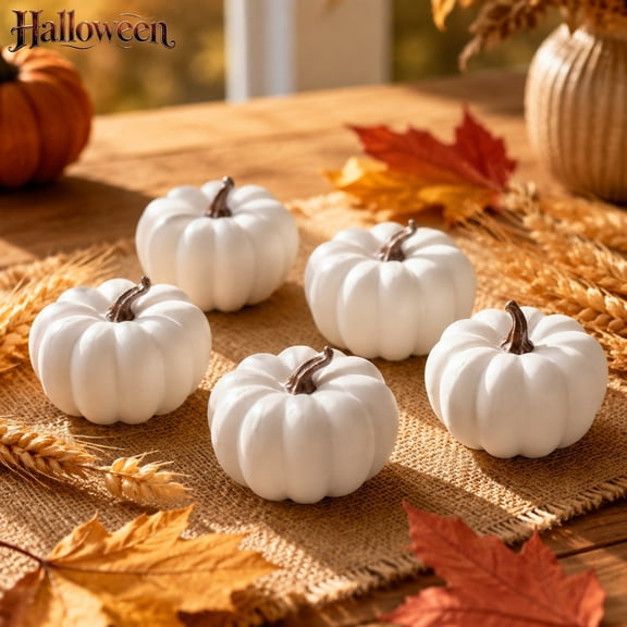 Qocolcyl Mini Artificial Foam Pumpkins Set of 5,White Small Decorative Pumpkins, Fall Harvest Halloween Decorations, Indoor Outdoor Farmhouse Table Mantel Tray Thanksgiving DIY Craft Decor Ornaments