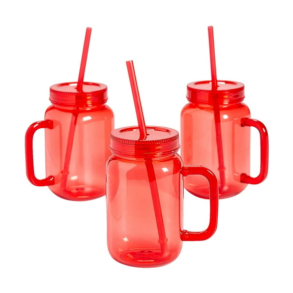 Fun Express 16 oz. Reusable Plastic Jar Mugs with Lids & Straws - 6 Count
