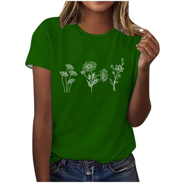 Tops de Ajuste Suelto para las Mujeres Sudadera Casual Impresa Manga Corta Cuello Redondo Superior, Poliéster