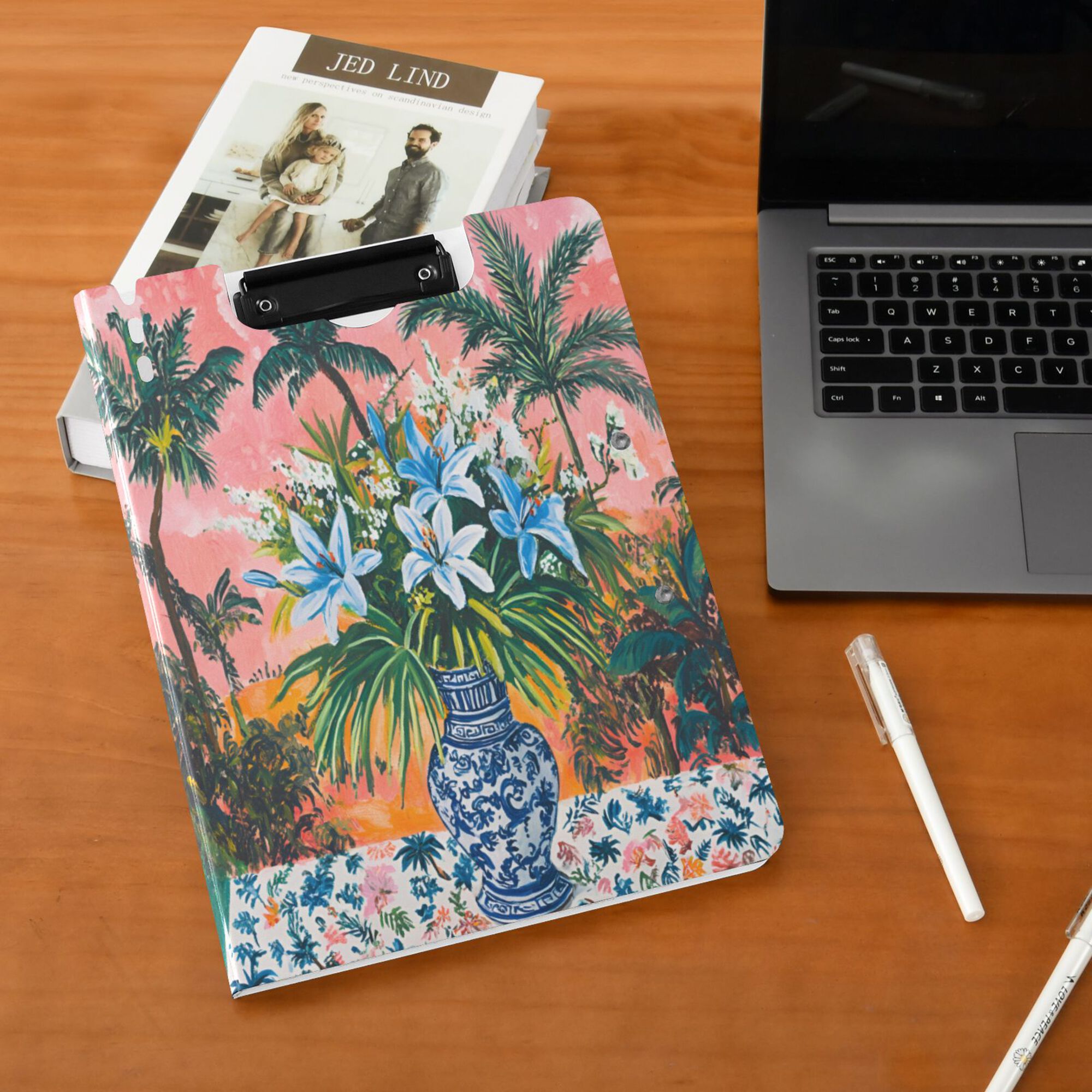 FORMRS A4 Clipboard Folder with Pen Holder Horizontal Foldable School Office Binder, Blue Flowers
