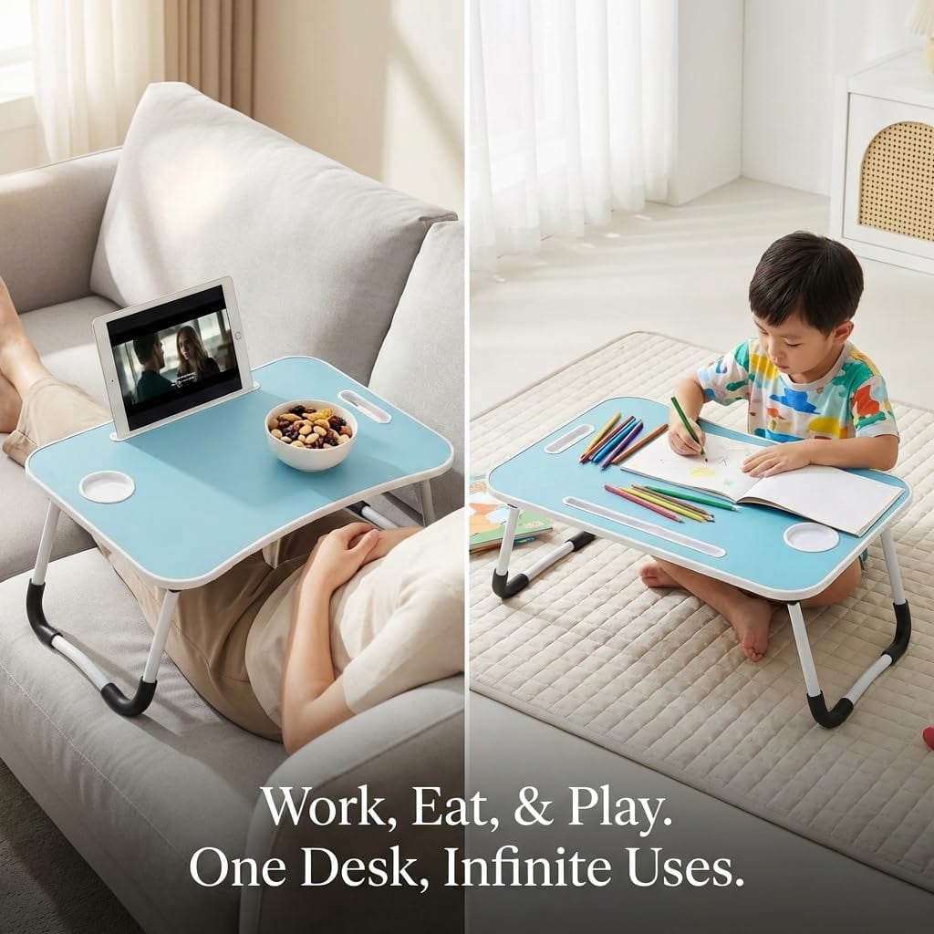 Foldable Lap Desk for Laptop & Writing - 23 inch Bed Tray Table with Cup Holder & Tablet Slot - Portable Notebook Stand for Eating, Sofa, Couch & WFH Students