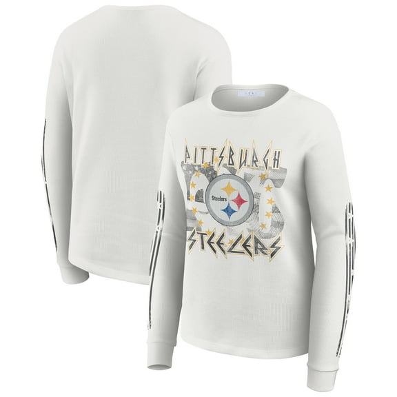 Women's WEAR by Erin Andrews White Pittsburgh Steelers Graphic Waffle Long-Sleeve T-Shirt