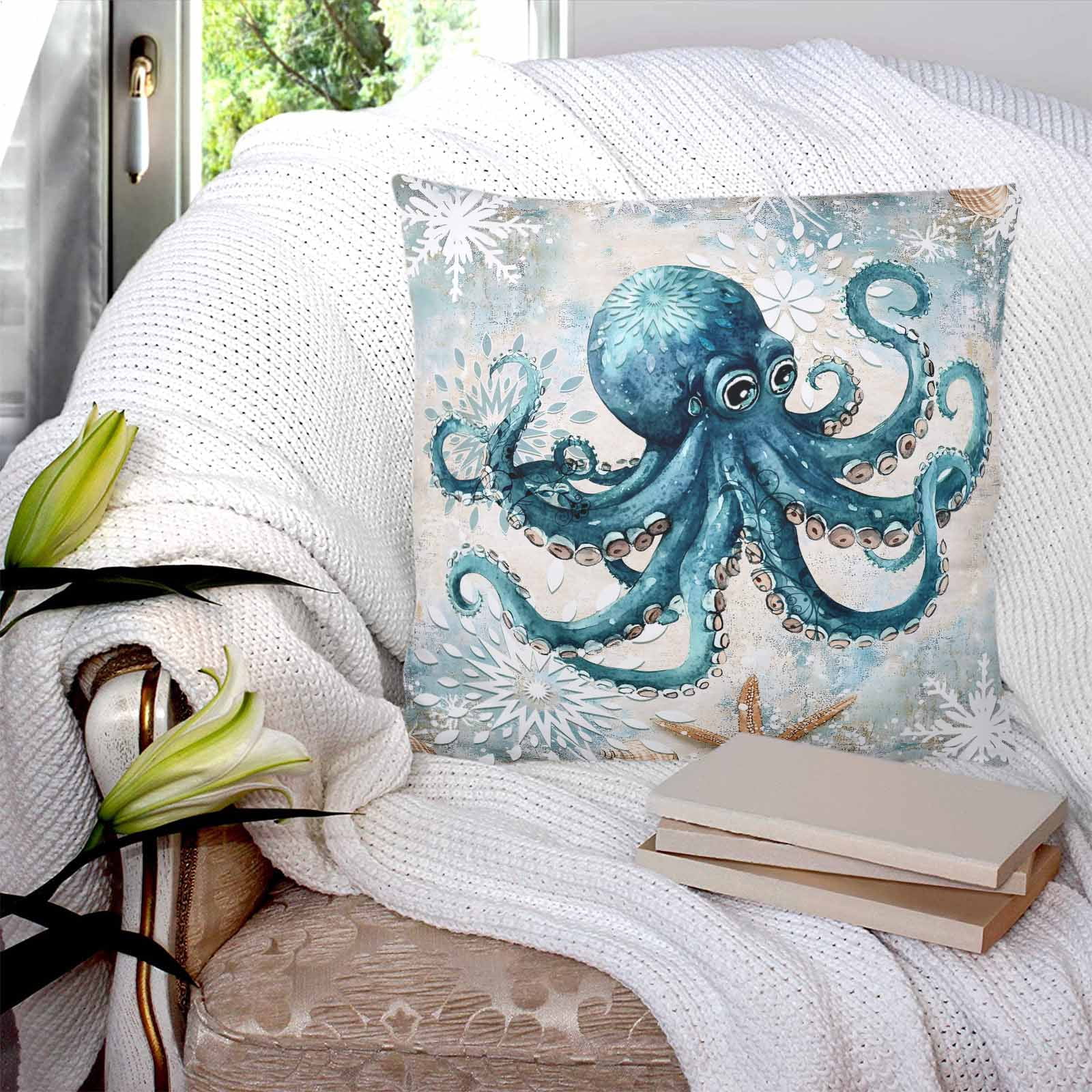 Teal Octopus Coastal 24x24 Pillow Covers Set of 2, Summer Beach Vintage Nautical Throw Pillow Covers Decorative Couch Cushion Case, Microfiber Square Pillowcases for Bedroom Car Living Room