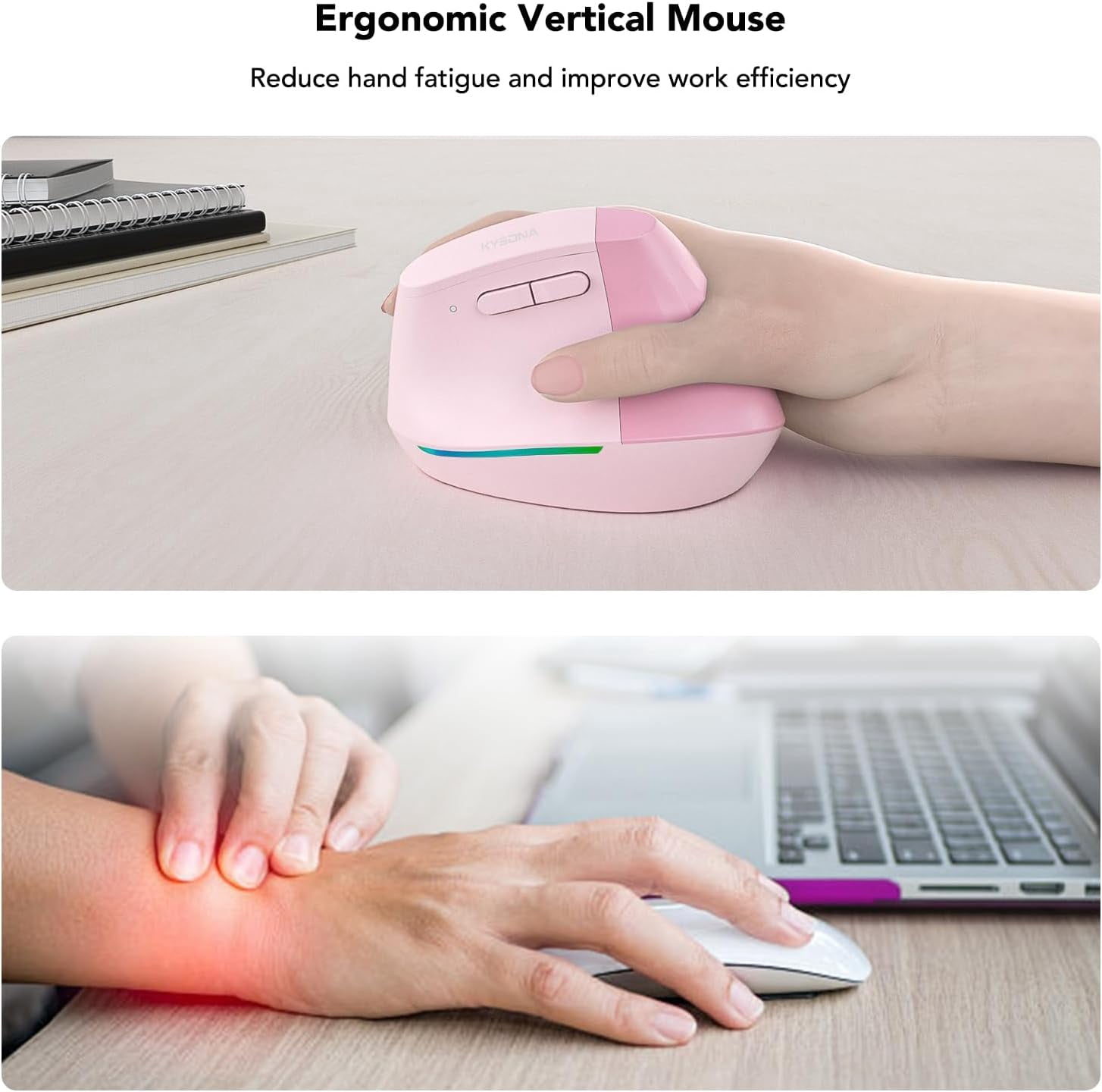 HRTGFD-Wireless Ergonomic Mouse, Vertical Mouse, Bluetooth Ergo Mouse, Quiet Click, 5 Level Adjustable DPI(800/1200/2400/2400/4000), Rechargeable 2.4G Mice Computer, PC, Mac, Laptop, Pink