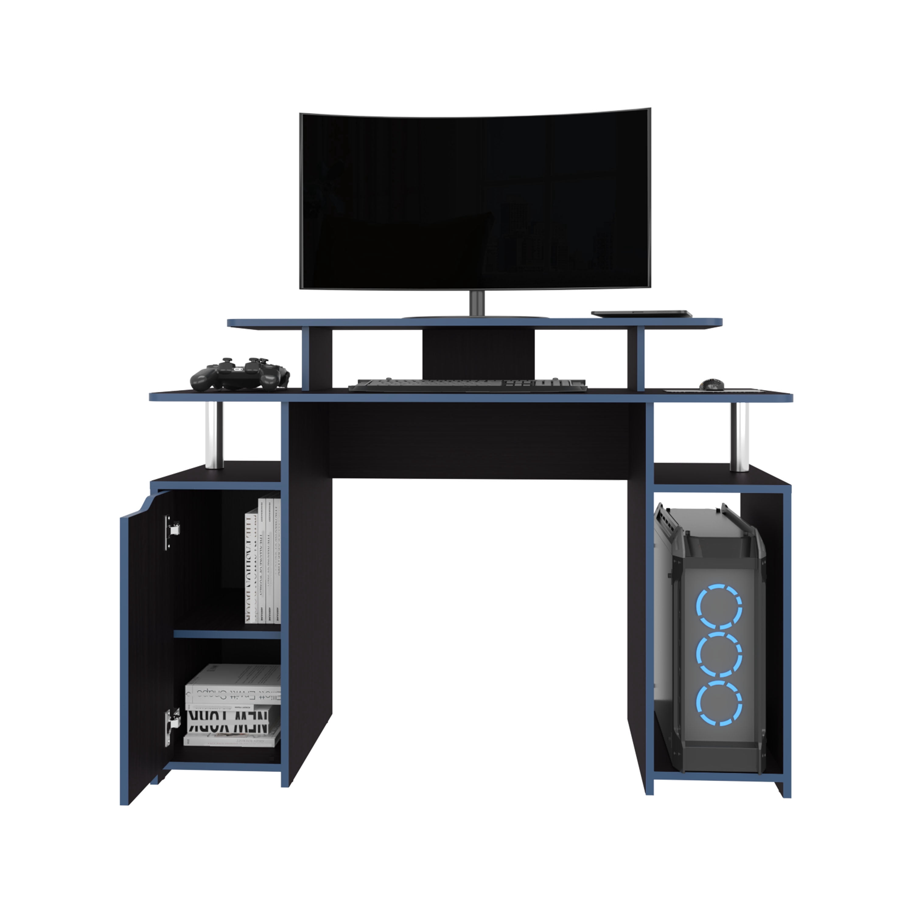 Astoutdoor 47" Wide 2-Tier Gamer Desk with Three Shelves and PC Tower Stand, Black