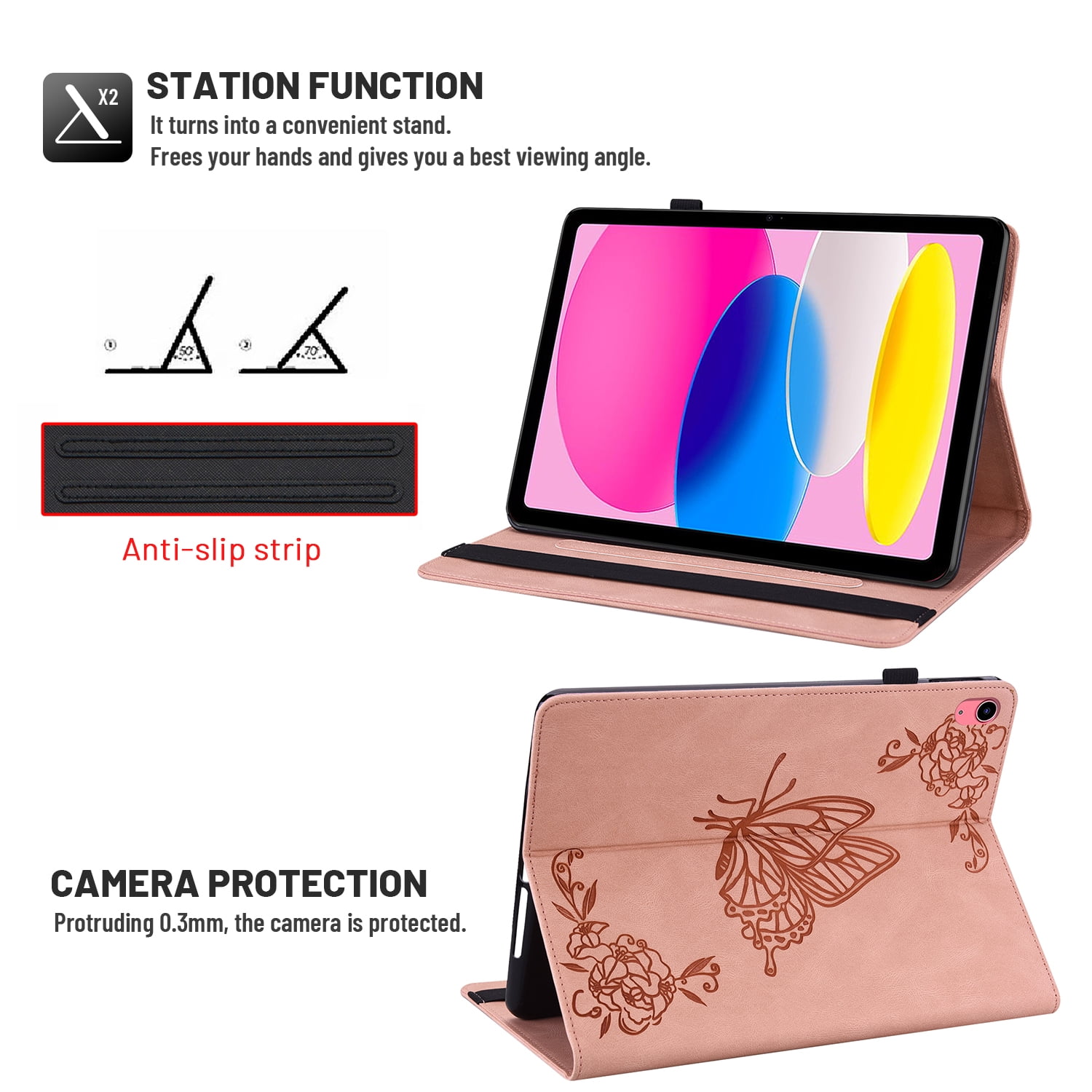 Dteck Smart Folio Case for Apple iPad (10th generation), Embossed Butterfly PU Leather Flip Stand Cover with Card Slots Pencil Holder Auto Wake Sleep Case for iPad 10th Gen 10.9" 2022,Pink