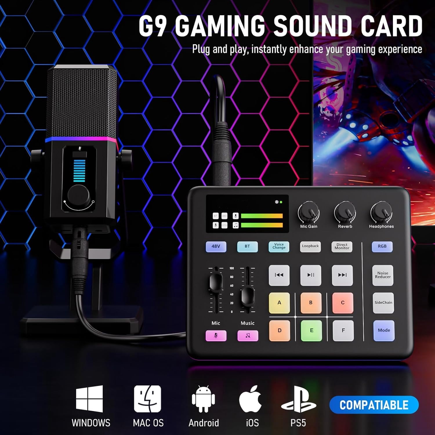 Audio Mixer, Live Sound Card, Voice Changer Kit with RGB Audio Interface,Pro-preamp, Bluetooth Streaming PC Mixer with XLR/48V Phantom Power for Live Streaming,Podcasting,Content Create,Gaming(Black)