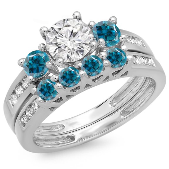 Dazzlingrock Collection 1.80 Carat (ctw) 14K Blue And White Diamond Bridal 3 Stone Engagement Ring Set, White Gold, Size 5.5