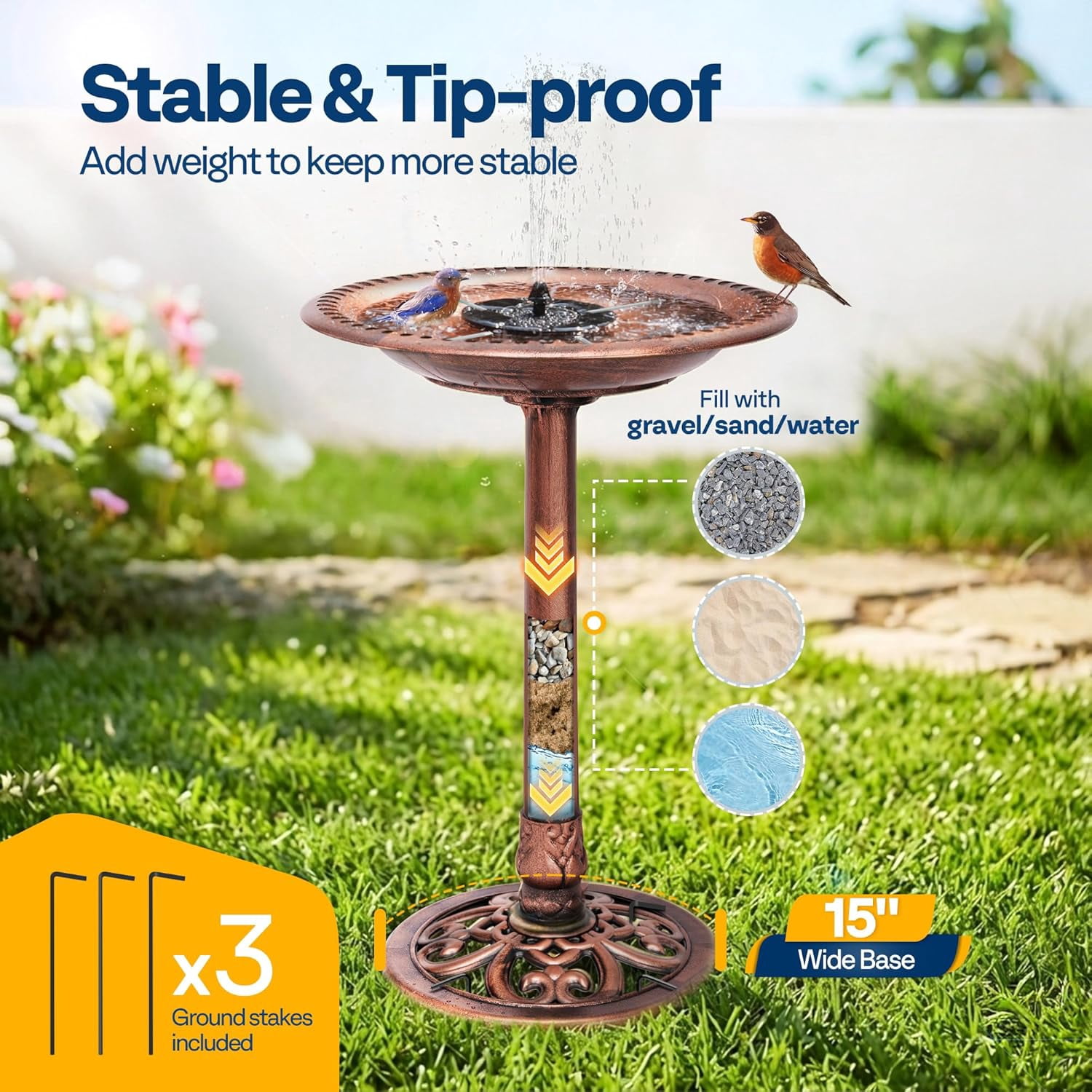 SPECSTAR Bird Bath, Polyresin Antique Outdoor Bronze Garden Birdbath and Solar Powered Round Pond Fountain Combo Set