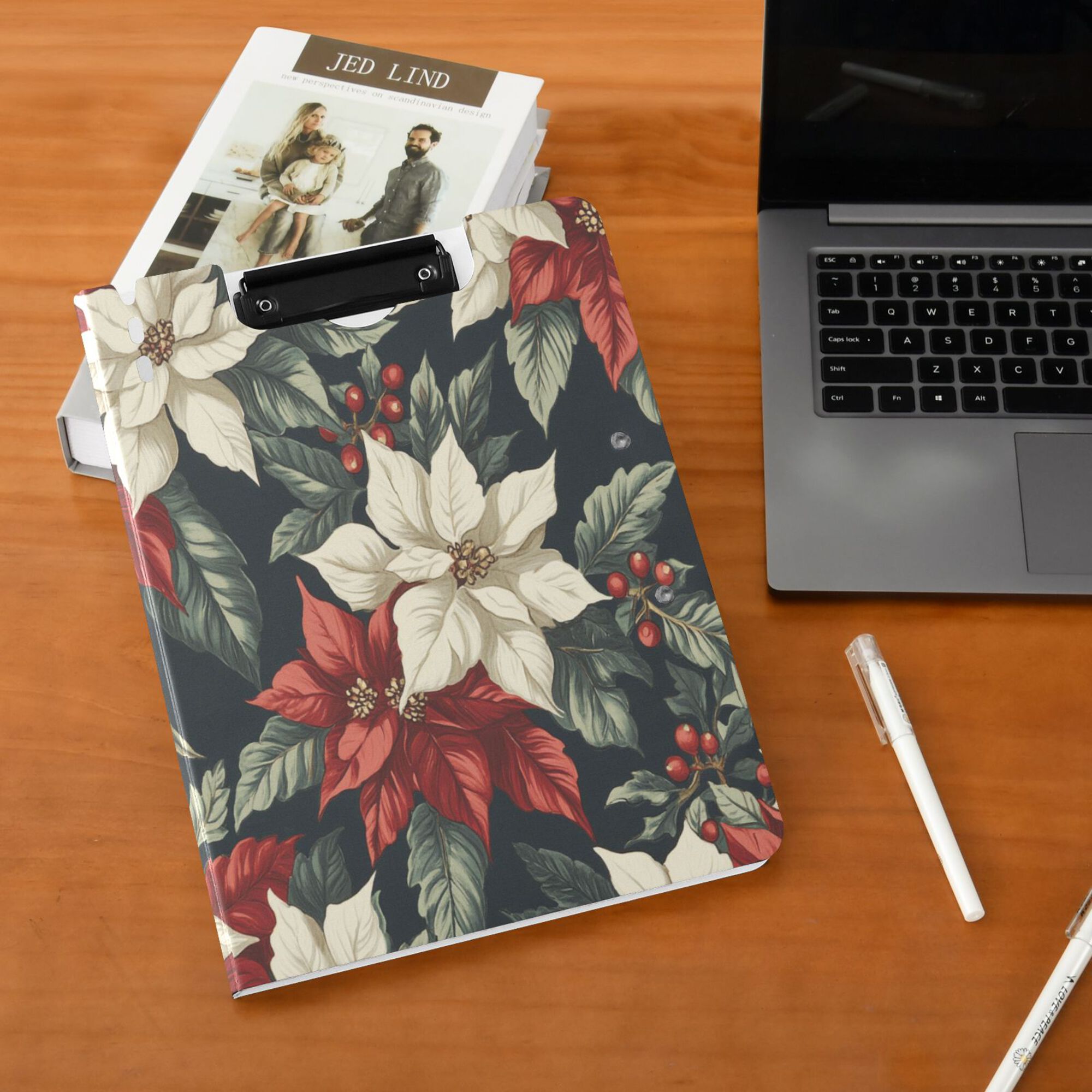 FORMRS A4 Clipboard Folder with Pen Holder Horizontal Foldable School Office Binder, White Christmas Leaves