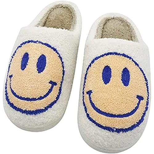 Pantoufles Rétro Smiley Face Duveteuses Moelleuses Mignonnes pour la Maison Chaussures de Maison Mousse à Mémoire Douces Peluche Chaudes Sandales d'Intérieur Sabots d'Hiver en Fourrure pour Femmes Hommes (Blanc-Jaune, 41/42)