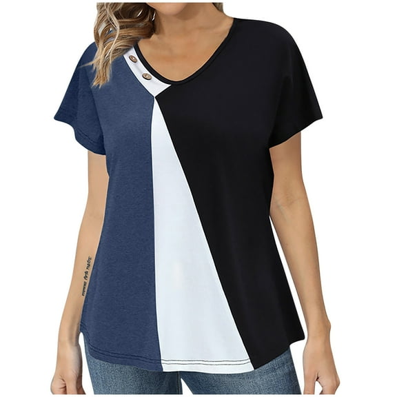 Uaswgudfs Womens Summer Blouses Loose Fit Basic V Neck Color Block Short Sleeve Tops - Casual Office Wear Tunic Shirts