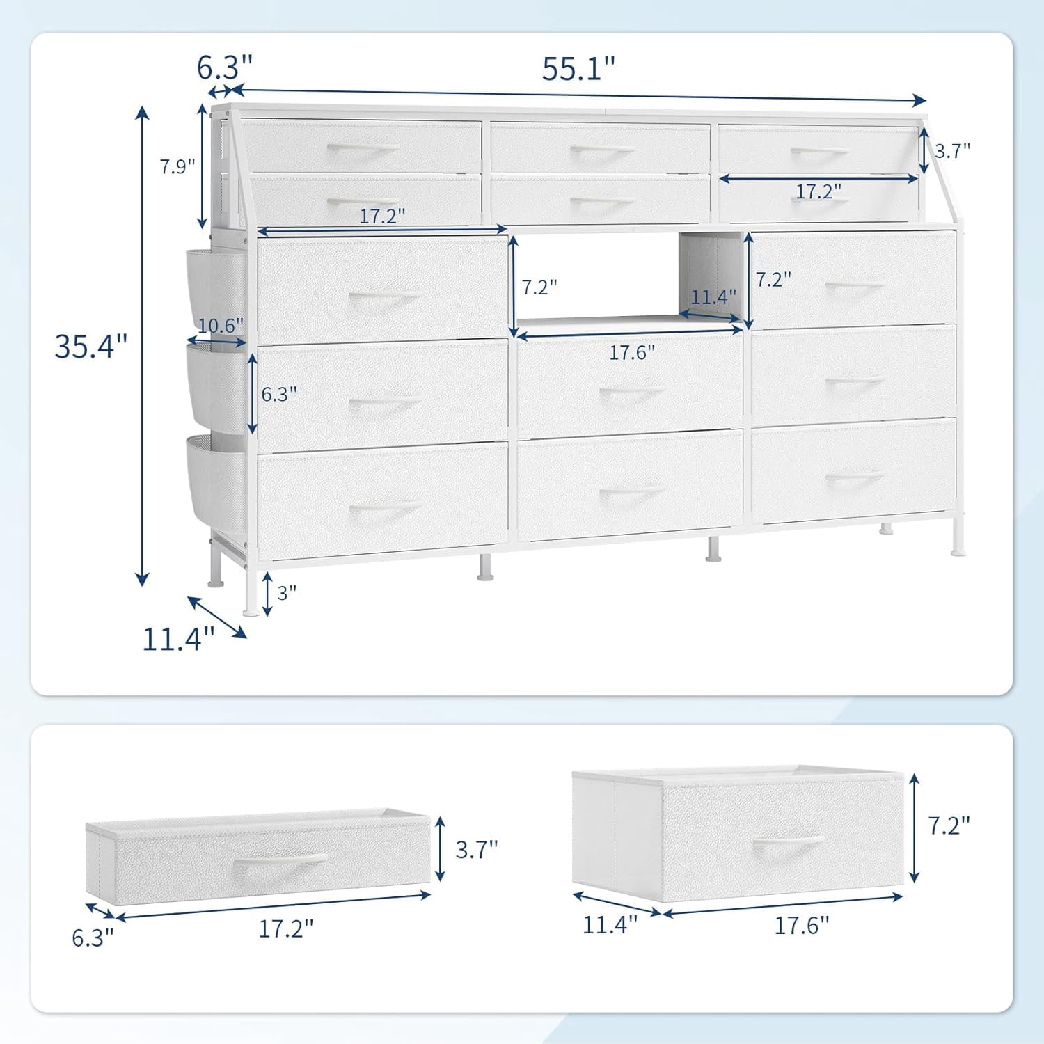 Dresser for Bedroom with 14 Drawers, 55" W Dresser with Side Pocket, Fabric Dressers & Chests of Drawers with Shelves, Sturdy Frame, Wood Top