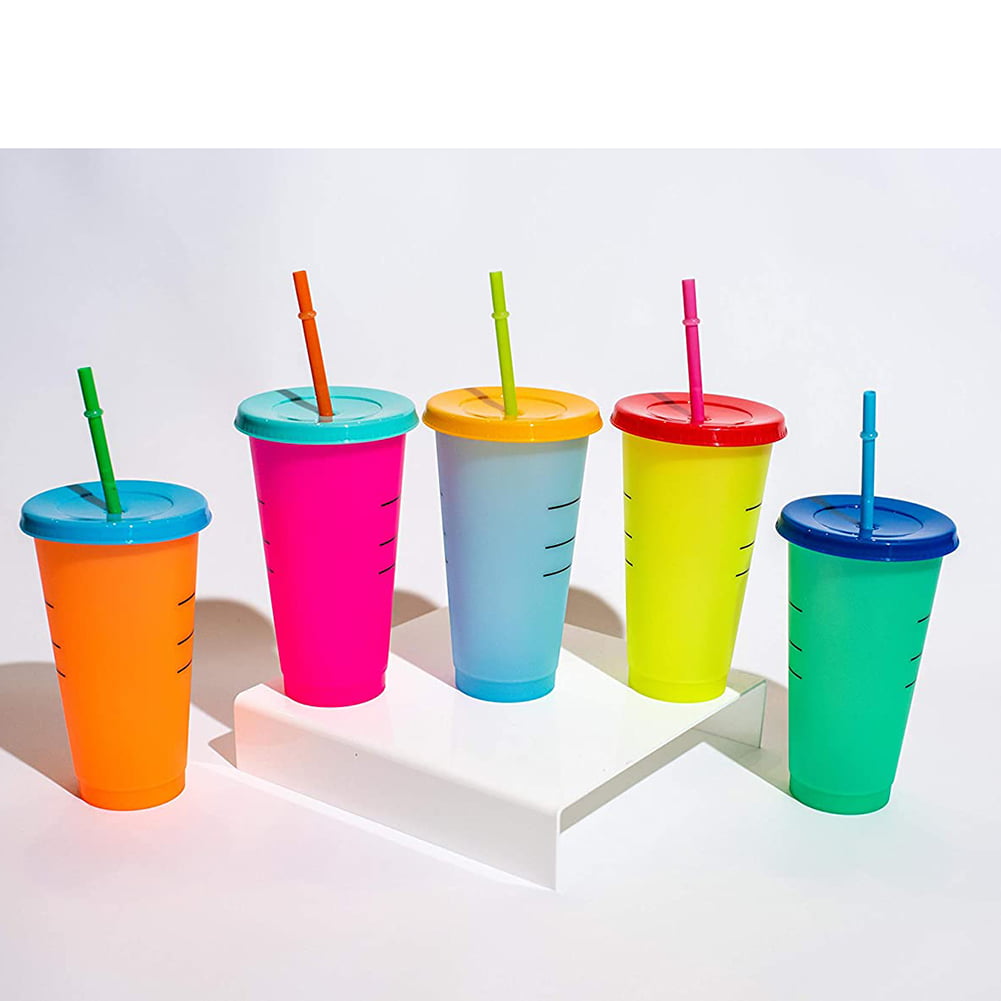 Color Changing Stadium Cup 24 oz,5 Colors of Plastic Cup Variable Color Cup Reusable Plastic Cup Color Changing Cup Plastic Cup with Cover and Straw,Set of 5 5 Colors One Box 