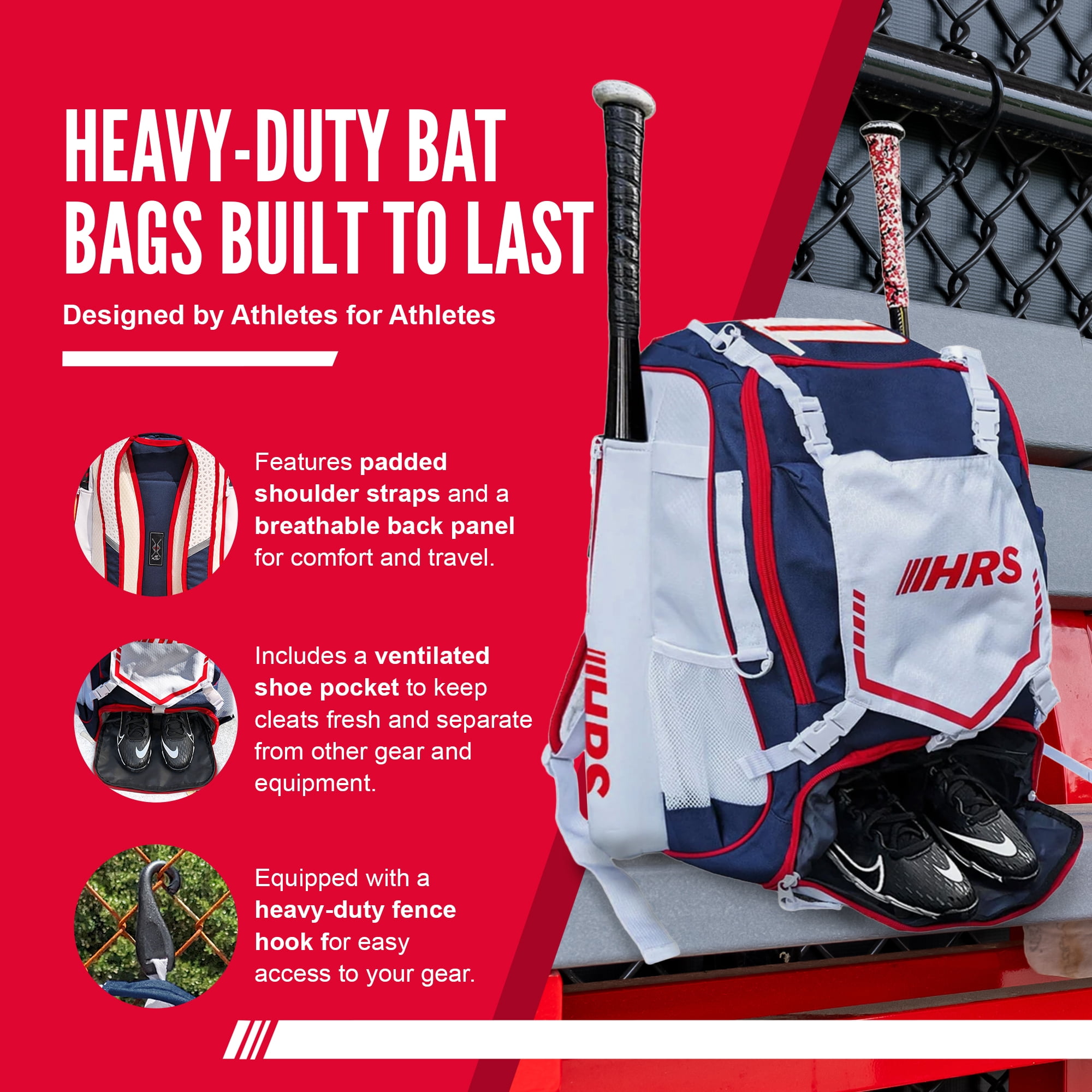 Hit Run Steal Bat Bag Backpack Holds 4 Bats, Glove & Helmet, Red/White/Blue